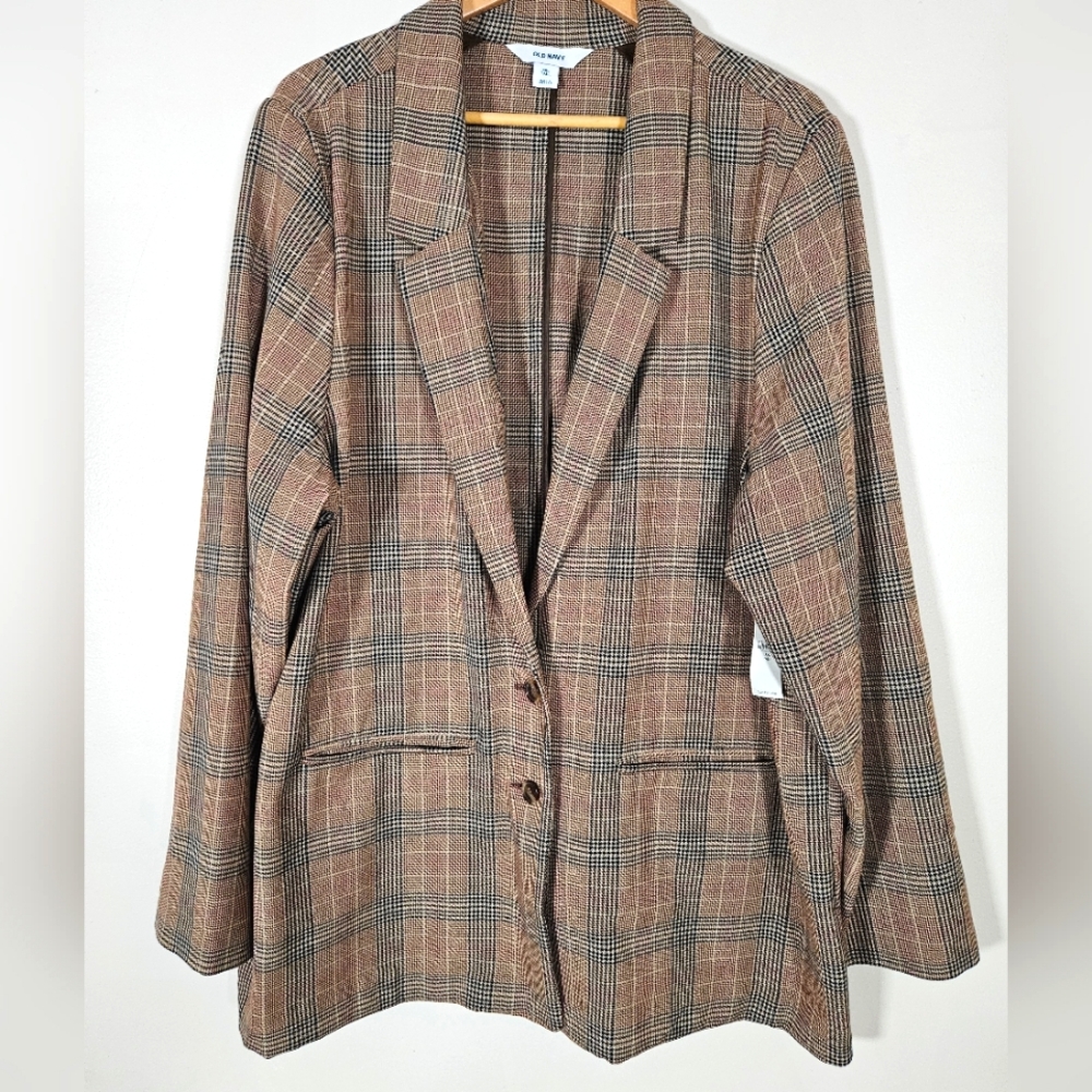 Old Navy Plaid Blazer Brown Relaxed XXL Tall Academia Career Wear Preppy NEW